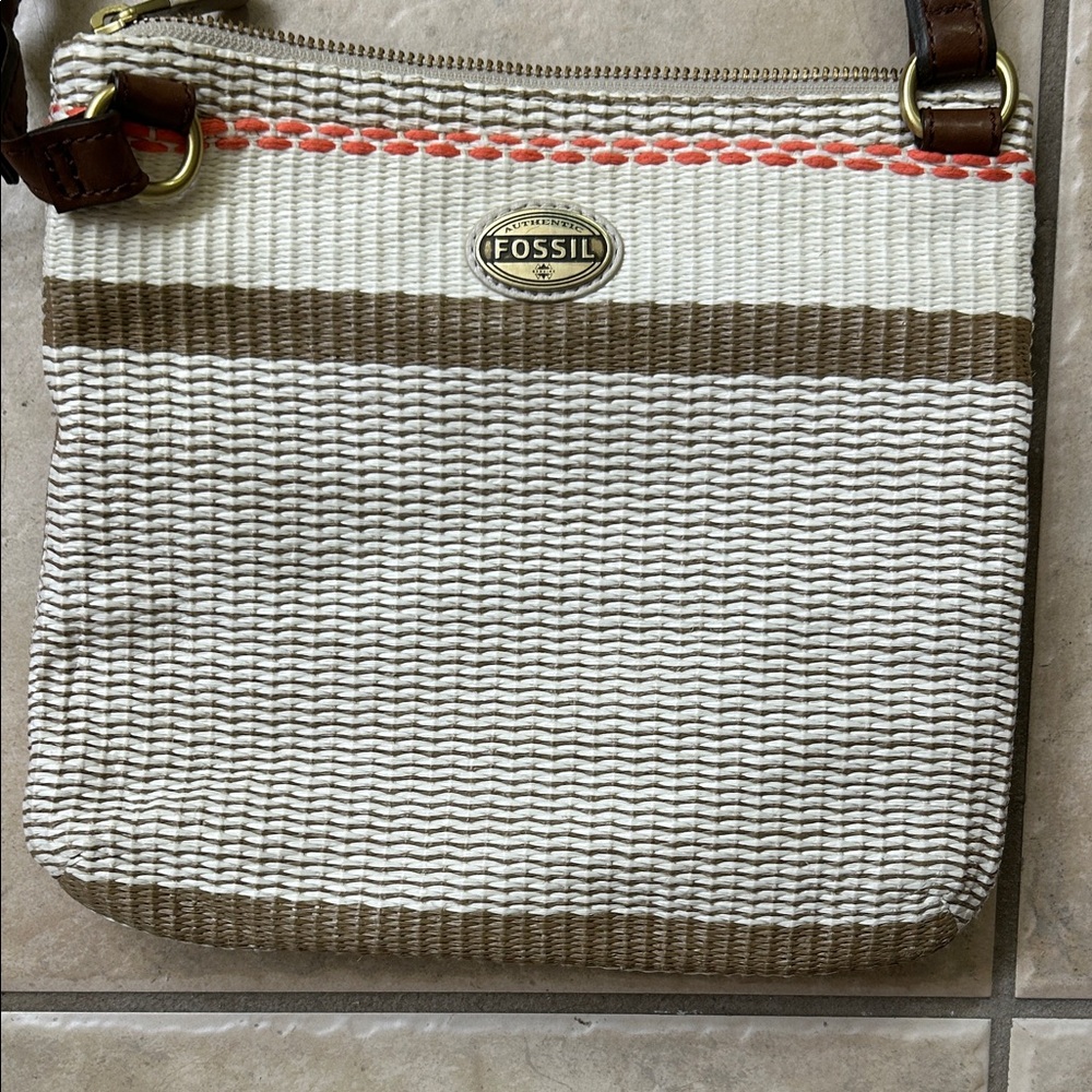 Fossil Cream and Brown Woven Crossbody Bag